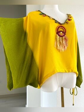 Paul Ropp Yellow Green Semi Sheer Beaded Silk Bat Angel Wing Top Womens One Size